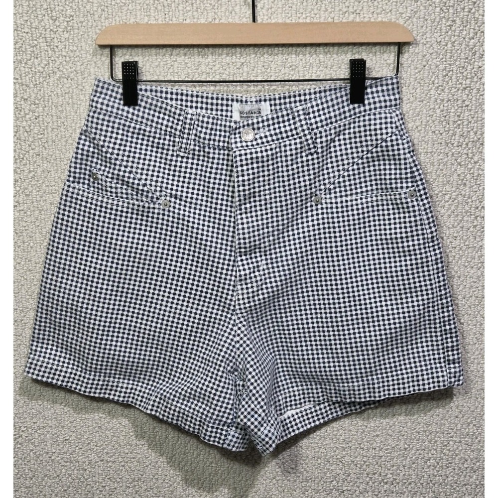 Sostanza Gingham Shorts Women 9/10 Navy Blue Excellent High Waisted Western Yoke